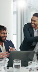 Laughing, team and people with laptop, office and celebration for investment opportunity on website. Happy, business analysts and colleagues with good news on app, achievement and financial growth