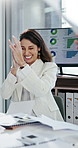 Woman, clapping and excited with documents, boardroom and happy for financial growth or achievement. Mature person, laughing and applause for business development, graphs and celebration for success