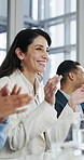 Seminar, audience and woman with smile, applause and celebration for training session or achievement. Corporate, conference and clapping for speech, people and support for workshop, happy and success