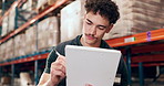 Businessman, logistics and writing with clipboard in warehouse for inventory checklist or stock. Man, employee or distributor with cargo list for distribution, supply chain service or storage control