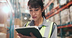 Logistics, tablet and woman in warehouse for stock records, inventory management and supply chain. Tech, distribution worker and mature person with storage app for shipping update, review and flare