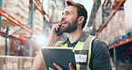 Supply chain, man and tablet in warehouse with phone call for shipping discussion, logistics or advice. Flare, worker or person talking in factory with tech for contact, distribution and export plan.