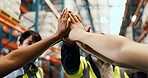 Business people, warehouse and logistics with high five in solidarity for supply chain service. Closeup, group or distributor team with hands together for unity, trust or mission in storage depot