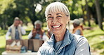 NGO volunteer, face and old woman at park for community service, charity event and outreach project. Retirement organization, senior people and happy in nature for social responsibility and about us