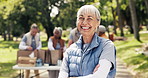 Volunteer, face and old woman with arms crossed at park for  charity event, outreach project and NGO. Retirement organization, senior people and happy in nature for social responsibility and about us