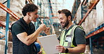 Logistics, fist bump or men in warehouse with clipboard, solidarity or well done in supply chain. Happy, collaboration or employees in depot with checklist, motivation or good news in distribution