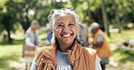 Volunteer, face of old woman and charity event at park for outreach project, activism or about us. Retirement organization, senior people and happy in nature for community service and accountability