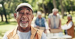 NGO volunteer, face and old man at park for community service, charity event and outreach project. Retirement organization, senior people and happy in nature for social responsibility and about us