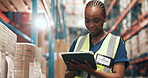 Shipping, tablet and woman in warehouse with barcode reader for stock, inventory and check records. Technology, distribution worker and black person with scanner for storage update, smile and flare