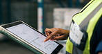 Person, hands or digital blueprint with tablet screen in warehouse for storage control or safety. Closeup, distributor or employee with technology or layout for supply chain maintenance in depot