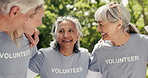 Senior people, volunteer and hug outdoor for charity, community service and social responsibility. Elderly team, laugh or embrace for collaboration, group motivation and non profit for nature project