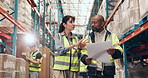 Logistics, warehouse discussion or people with paper, stock storage planning or package organization. Freight inspection, distribution streamline ideas or staff walking in depot, document or talking
