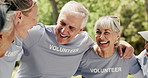 Senior people, volunteer and smile outdoor for charity, community service and social responsibility. Elderly team, laugh and hug for collaboration, group motivation and non profit for nature project