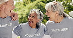 Senior people, volunteer and laugh outdoor for charity, community service and social responsibility. Elderly team, smile and hug for collaboration, group motivation and non profit for nature project