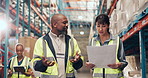 Logistics, warehouse discussion or people with paperwork, stock storage plan or package organization. Freight inspection, distribution streamline idea or staff walk in depot, cargo schematic or talk