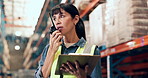 Supply chain, woman or radio in warehouse with clipboard for shipping, logistics or communication. Mature person, tech or talk in factory with checklist for contact, export advice or quality control.