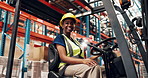 Face, forklift and logistics with black woman in plant for delivery, distribution or shipping. Smile, supply chain and warehouse with African person in vehicle depot for inventory or stock management