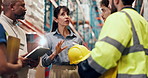 Safety inspection, tablet and logistics employees in warehouse for industrial training. Digital technology, meeting and supply chain workers with manager for helmet compliance review in factory.