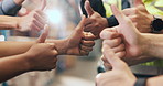 Business people, team or hands with thumbs up in warehouse for supply chain service or logistics. Group, employee or colleagues with like emoji, yes sign or OK for storage control or mission in depot