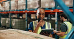 Radio, tablet and woman in warehouse for logistics schedule with online delivery information. Digital technology, instructions and female supply chain manager with cargo shipping for order in factory