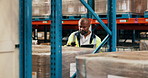 Barcode scanner, logistics and tablet with man in warehouse for delivery, distribution or shipping. App, boxes and supply chain with mature person in storage depot for inventory or stock management