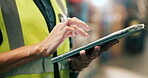 Logistics, tablet and hands with woman in warehouse for inventory manager, shelf and delivery report. Inspection supervisor, online checklist and shipping with person  in factory for freight storage