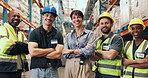 Arms crossed, face and smile of logistics team in warehouse for shipping or stock distribution. Collaboration, confidence and supply chain with happy employee group in factory for quality control