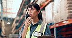 Talking, logistics and woman with radio in warehouse,  inventory management and clipboard. Mature person, shipping supervisor and communication for supply chain, distribution feedback or coordination
