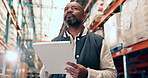 Logistics, inspection or man in warehouse with clipboard, quality or inventory management for shipping. Distribution, stock or supplier in depot with notes, maintenance or checklist in supply chain.