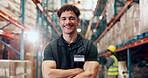 Arms crossed, face and inventory with man in logistics warehouse for distribution or shipping. Confidence, supply chain and quality assurance with happy employee in storage depot for delivery