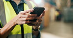 Logistics, typing and hands with smartphone, warehouse and checking stock delivery on web or online. Factory, supervisor and person with mobile for distribution updates, inventory and supply chain