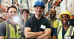 Logistics, face or team in depot with smile, about us or collaboration in shipping profession. Portrait, flare or employees in warehouse with confidence, pride or staff in distribution industry