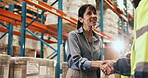 Collaboration, handshake and management with people in logistics warehouse for success or support. Greeting, thank you or welcome with supply chain team shaking hands in factory for delivery target