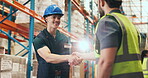 Collaboration, handshake and thank you with people in logistics warehouse for success or support. Greeting, management or welcome with supply chain team shaking hands in factory for delivery target