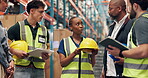 Hardhat, health and safety with people in logistics warehouse for compliance or regulations. Conversation, explain and supply chain with distribution team in storage depot for helmet or ppe training