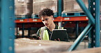 Man, scan and box with tablet in warehouse for barcode, stock control and inventory management. Person, digital or scanner for package price, shipping information and qr code for distribution details