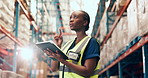 Black woman, inspection and counting stock with tablet in warehouse for inventory check or storage. Female person, distributor or supplier with technology or checklist for quality assurance in depot