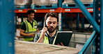 Logistics, tablet or worker with phone call in warehouse for shipment handling, order enquiry or export. Staff, man and contact supplier with tech to confirm cargo schedule, shipping status or update