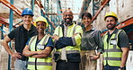 Logistics, warehouse and people with arms crossed, face and pride for supply chain, export and goods. Cargo, distributor and group with smile for distribution, confident and solidarity in factory
