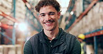 Confidence, face and inventory with man in logistics warehouse for distribution or shipping. Smile, supply chain and quality control with happy employee in storage depot for delivery of stock
