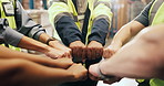 Circle, fist bump and hands of people in warehouse for shipping, distribution and logistics. Supply chain, factory and men and women with gesture for quality control, agreement and collaboration