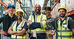 Supply chain, warehouse and people with arms crossed, face and pride for logistics, export and goods. Cargo, distributor and group with smile for distribution, confident and solidarity in factory