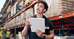 Logistics, inspection or clerk in depot with clipboard, quality or inventory management for shipping. Distribution, stock or man in warehouse with writing, maintenance or checklist in supply chain