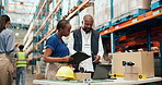 People, laptop and clipboard for logistics in warehouse for stock, supply chain and inventory. Team, mature man and talking with pc for inspection checklist, delivery agenda and shipping information