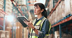 Logistics, tablet and typing with woman in warehouse for inventory manager, shelf and delivery report. Inspection supervisor, online checklist and shipping with person  in factory for freight storage
