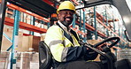 Logistics, face and black man on forklift with smile, pride or job goals in supply chain. Happy, mature and stockroom operator in warehouse with confidence, profession or experience in distribution