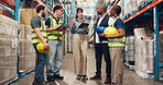 People, talking and tablet for logistics in warehouse for stock, supply chain and inventory. Team, discussion and digital with planning for inspection checklist, quality control and shipping schedule