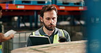 Warehouse, tablet and man with barcode scanner for supply chain management, stock and records. Technology, reader and person check inventory for storage, logistics and freight inspection by shelf