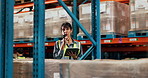 Warehouse, tablet and woman with radio for logistics management, coordination or listening. Communication, supply chain supervisor and mature person with technology for inventory, feedback and talk