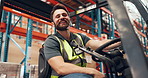 Logistics, face and man on forklift with laugh, pride or job goals in supply chain. Happy, portrait and stockroom operator in warehouse with confidence, profession or experience in distribution